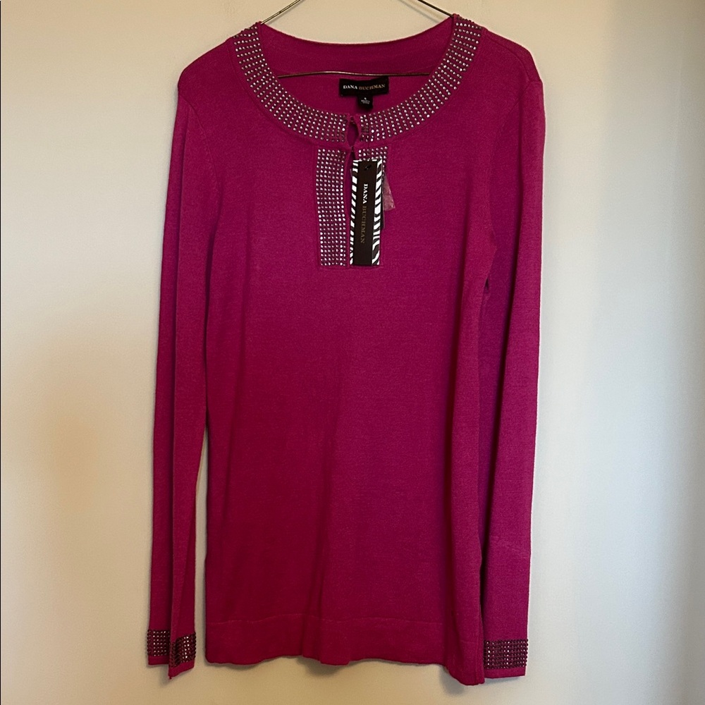 Dana Buchman pullover long sleeve Fushia top studded trim size S new w/ tags